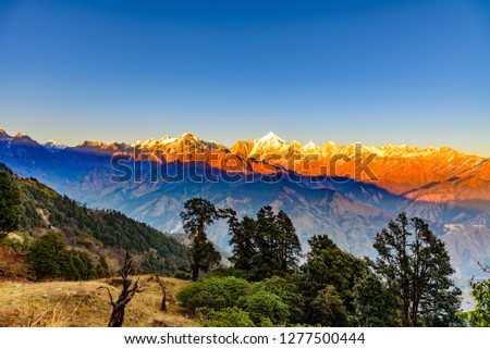 This is the sunset view of Himalayas Panchchuli peaks & alpine landscape from Khalia top trek trail at Munsiyari. Khalia top is at an altitude of 3500m himalayan region of Kumaon, Uttarakhand, India. Royalty-Free Stock Photo #1277500444