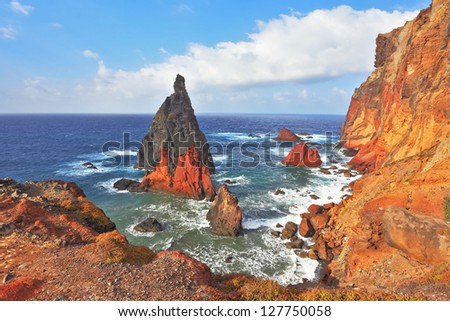The eastern tip of the island of Madeira. Picturesque colorful cliffs and islands