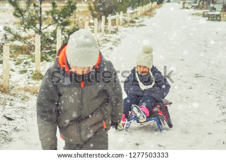 Winter fun in the fresh air . A little girl on a sled.Brother rubs sister sledge