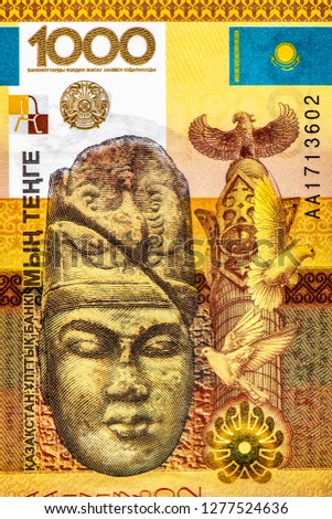 1,000 Tenge Kazakhstan  banknote,  from Kazakhstan. Tenge is the national cureency of Kazakhstan. Close Up UNC Uncirculated - Collection.