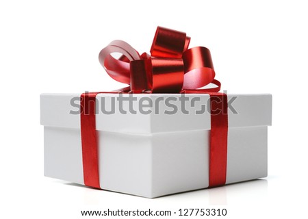Gift white box with red ribbon on white background Royalty-Free Stock Photo #127753310