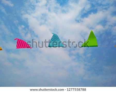 Triangle flag ornament in white rope hanging with Carnival. The background is sky.