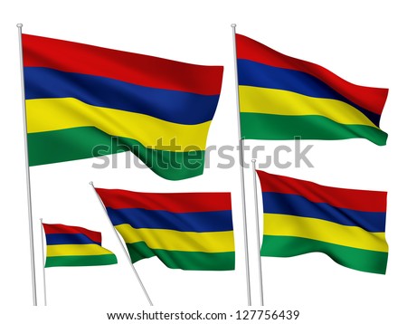 Mauritius vector flags set. 5 wavy 3D cloth pennants fluttering on the wind. EPS 8 created using gradient meshes isolated on white background. Five flagstaff design elements from world collection