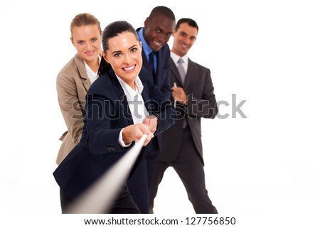 group of business people playing tug-of-war