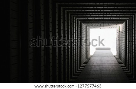 Bottom View of abstract Tunnel corridor stack building with symmetry layer.