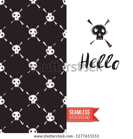 Greeting card with rock-style seamless pattern, text: hello. Hand drawn graphic rock music attributes doodle elements. Vector template for music band, concert, party. Invitation, postcard or flyer.