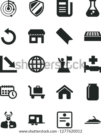 Solid Black Vector Icon Set - bookmark vector, counterclockwise, negative chart, house, brick, earth, jar, kiosk, agenda, newspaper, flask, scientist, radar, patente, man with flag, camper, baggage