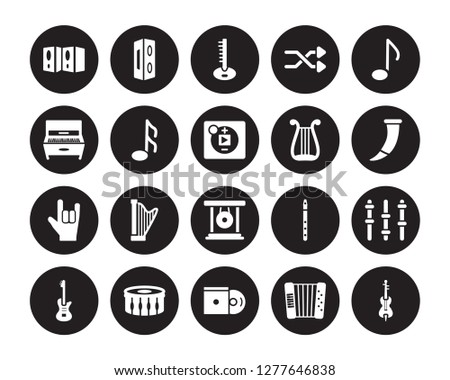 20 vector icon set : Speaker, Accordion, Disc, Drum, Electric guitar, Quaver, Lyre, Gong, Heavy metal, Musical Note, Sitar isolated on black background