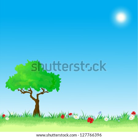 Green grass, flowers and tree, 10eps vector