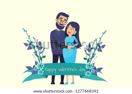 Illustration of love and valentine day. Modern flat design isometric concept of 14 february,Top view of happy young couple, cute vector drawn card,Pregnant woman