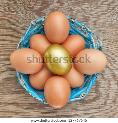 Group of eggs in a basket blue and golden egg. At Easter.