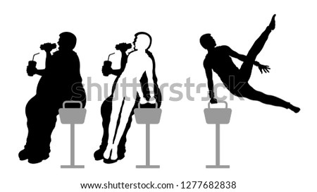 Obese man eating fast food and weight loss with pommel horse gymnastic. All the objects are in different layers.