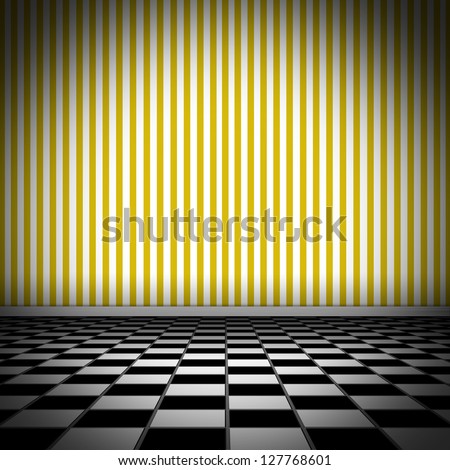 Illustration of a room with tiled floor and yellow striped wallpaper