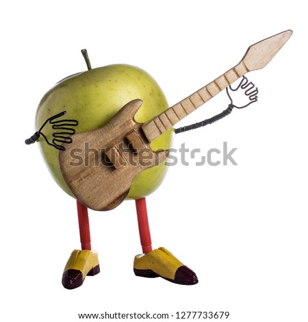 guitarist. green apple playing guitar. cartoon.