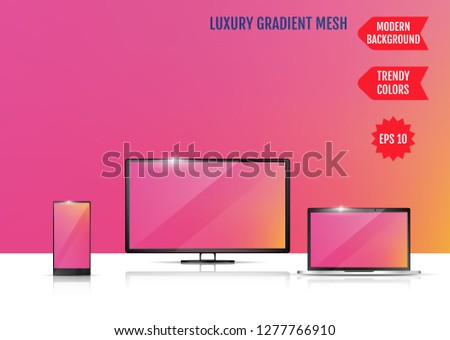 Modern abstract background. Colors transition concept. Gradient mesh. Trendy colored Surface. An example of the use of the proposed background on the screen of a laptop, smartphone and TV