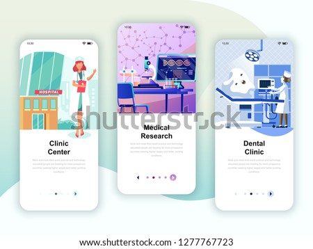 Set of onboarding screens user interface kit for Medicine, Research, Dental Clinic, mobile app templates concept. Modern UX, UI screen for mobile or responsive web site. Vector illustration. Royalty-Free Stock Photo #1277767723