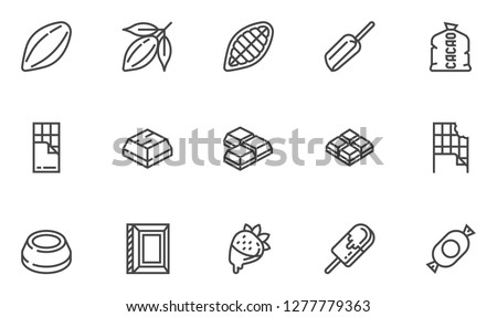 Cacao and Chocolate Vector Line Icons Set. Cocoa Pod, Cocoa Beans, Chocolate Bar, Chocolate Icing. Editable Stroke. 48x48 Pixel Perfect. Royalty-Free Stock Photo #1277779363