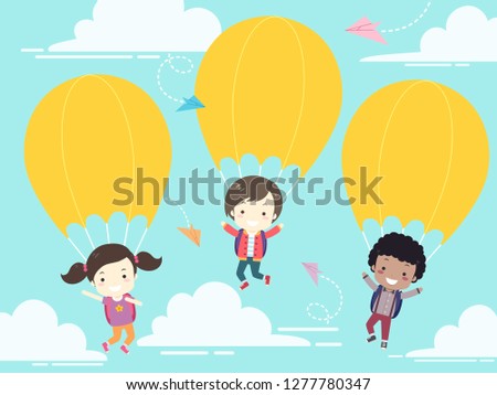 Illustration of Kids Students Carried By Yellow Parachute to School