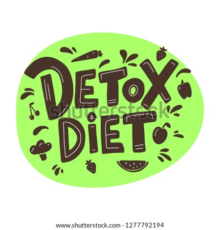 Detox diet vector lettering isolated on white background. Detox clipart. Hand drawn fruits and vegetables in cute cartoon style. Detox clipart.
