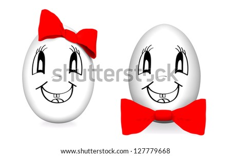 Funny eggs with red bows isolated on white