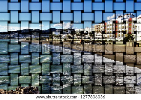 abstract cubist three-dimensional effects of photography of beach with straw umbrellas and deckchairs, in Nerja, Malaga, Andalusia, Spain, Tropical coast, holidays, 