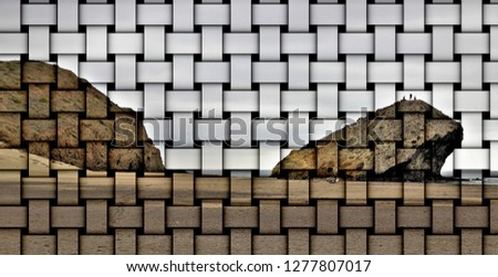 abstract cubist three-dimensional effects of indiana Jones movie stage and the last crusade, tongues of lava eroded by the sea, the auto clastic gaps or pyroclastic andesite, The petrified wave, beach Royalty-Free Stock Photo #1277807017