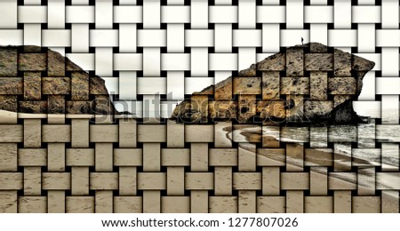 abstract cubist three-dimensional effects of indiana Jones movie stage and the last crusade, tongues of lava eroded by the sea, the auto clastic gaps or pyroclastic andesite, The petrified wave, beach Royalty-Free Stock Photo #1277807026