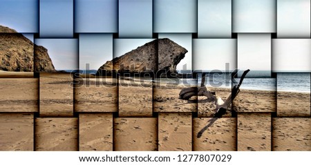 abstract cubist three-dimensional effects of indiana Jones movie stage and the last crusade, tongues of lava eroded by the sea, the auto clastic gaps or pyroclastic andesite, The petrified wave, beach Royalty-Free Stock Photo #1277807029