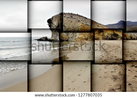 abstract cubist three-dimensional effects of indiana Jones movie stage and the last crusade, tongues of lava eroded by the sea, the auto clastic gaps or pyroclastic andesite, The petrified wave, beach Royalty-Free Stock Photo #1277807035