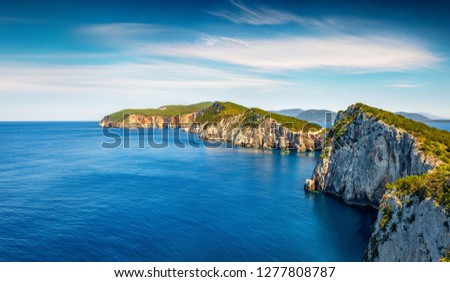Aerial morning seascape of Ionian Sea. Blue summer view of the west coast of Lefkada island, Greece, Europe. Beauty of nature concept background.