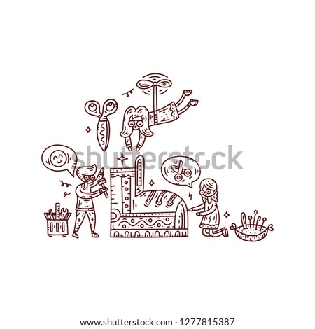 Repair of clothes and shoes. Tailoring. Women's workshop. Doodle style line vector illustration