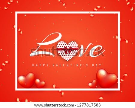 Glossy red poster or banner design with stylish lettering of love and decorative hearts illustration for valentine's day celebration.