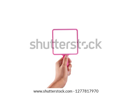 Hand hold pink mirror isolated on white background.