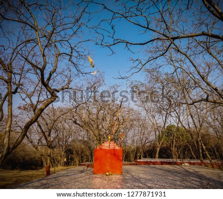 a small saffron temple in the jungle with lot of leaves less trees on ground.