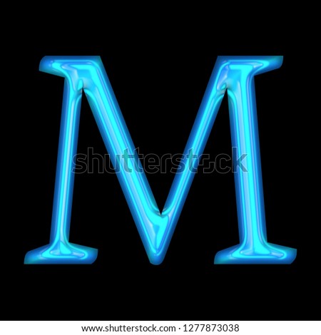 Glowing neon blue glass letter M in a 3D illustration with a shiny bright blue glow and classic font type style isolated on black background with clipping path