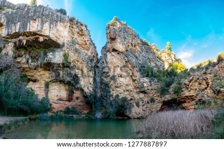 Wide panorama of Turche cave and waterfall in Alborache, Valencia