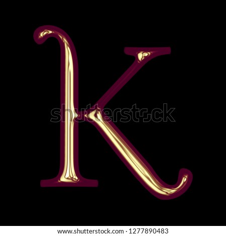 Shiny colorful golden red letter K in a 3D illustration with a glossy gold red color and smooth surface in a libertine font on a black background with clipping path