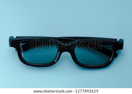 Blue background 3d glasses lie. Horizontal frame is light. Nobody.