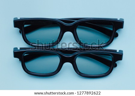 Blue two background 3d glasses lie. Horizontal frame is light. Nobody.