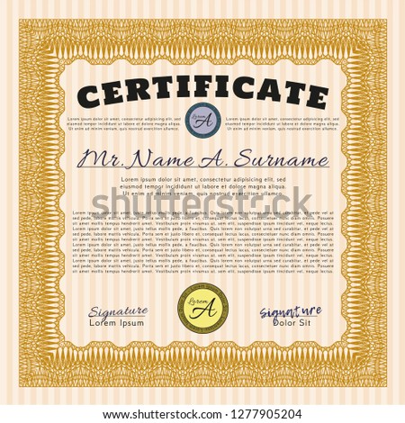Orange Diploma or certificate template. Money Pattern design. Detailed. With quality background. 