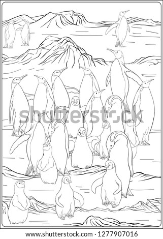 A colony of emperor penguins on the Antarctic coast. Outline hand drawing vector illustration. Coloring page for the adult coloring book.
