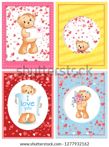 Bear plush toy with love letter valentines holiday vector. Celebration of special day for couples, i love you poster, hearts and greeting card set