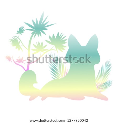 Azure silhouette of a cat in tropical leaves on a white background.