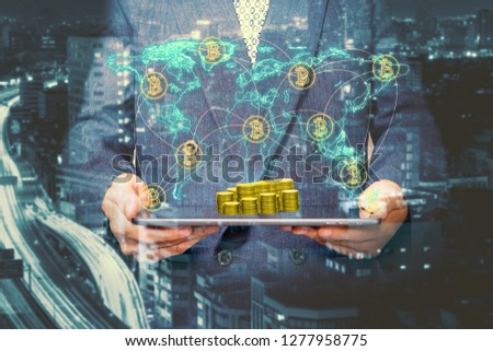Digital money with bitcoin symbol and network connection concept,Elements of this image furnished by NASA 