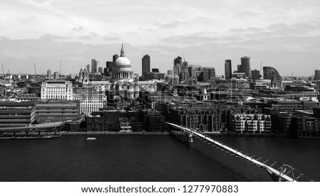 Panoramic view of River Thames in London, UK in black and white