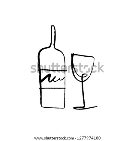 One line art glass and bottle of wine set, hand drawn sketch