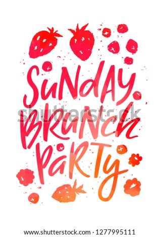Creative Poster for Sunday Brunch Party. Hand Drawn Fruits and Berries in Isolated on White. Vector Template Silhouettes in Red, Pink and Orange Colors