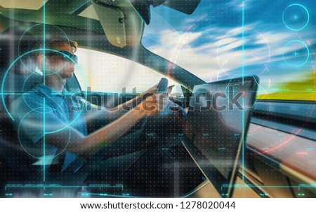 Computer assisted driving car technology theme with speed motion blur Royalty-Free Stock Photo #1278020044
