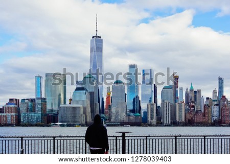 scenic skyline of lower manhattan viewed across hudson river at jersey city harbor new jersey usa