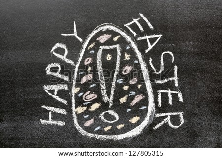 happy easter phrase handwritten on the school blackboard around painted egg picture with exclamation point